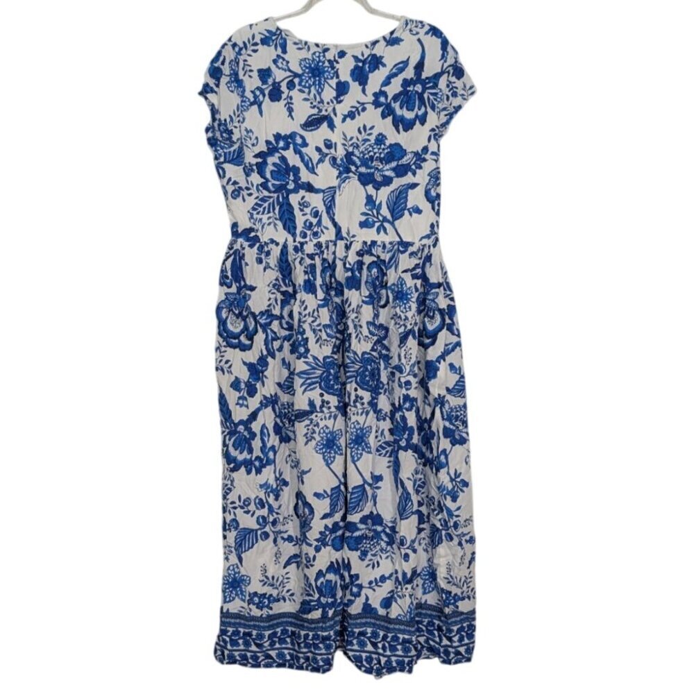 Venus Lascana Floral Midi Dress Womens Size Large White Blue Short Sleeve V Neck - Picture 11 of 15
